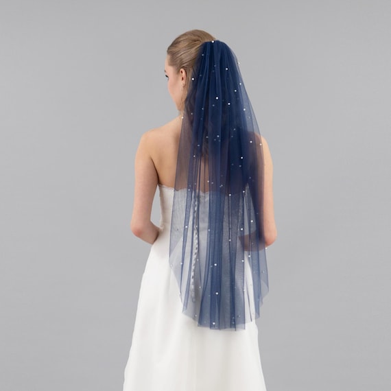 Deep Navy Blue Wedding Veil: White Pearls, Gold Comb - Etsy display picture 2