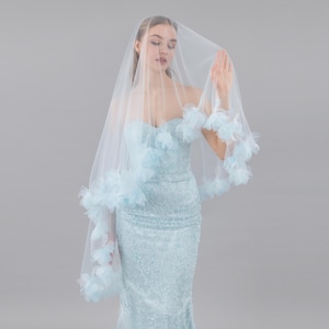 Baby Blue Fluff Flower Veil, Light Blue Tulle With Baby Blue Organza Flowers, Something Blue - With Bridal Hair Comb
