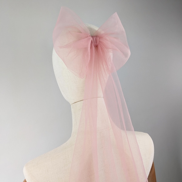 Blush Pink Tulle Bridal Bow: Wedding Hair Comb Veil