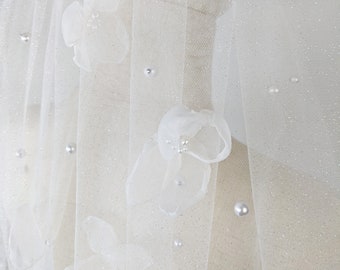 Pearl Flower Petal Wedding Veil - Sparkly, Blossom, Petal and Pearl Bridal Veil - Soft Tulle With Bridal Comb