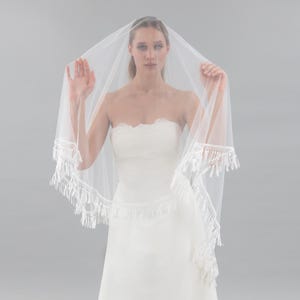 Bohemian Ivory Tassel Trim Veil, Two Tier Veil, White Ivory Tulle With White Lace Trim , Boho Veil - With Bridal Hair Comb