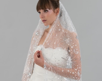 Celestial Wedding Veil: Silver Star & Moon Embroidered Tulle