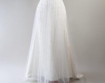 Dramatic Pearl Overskirt - Heavily Beaded Bridal Skirt, Ivory Soft Tulle, Ivory Color Scattered Pearls - Detachable Wedding Skirt