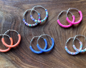 Silver Heishi bead hoop earrings, colorful, lightweight and fashionable fun! CUSTOMIZABLE!!