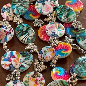 Shell bead necklace, colorful, unique, butterfly, rainbow tie dye fun
