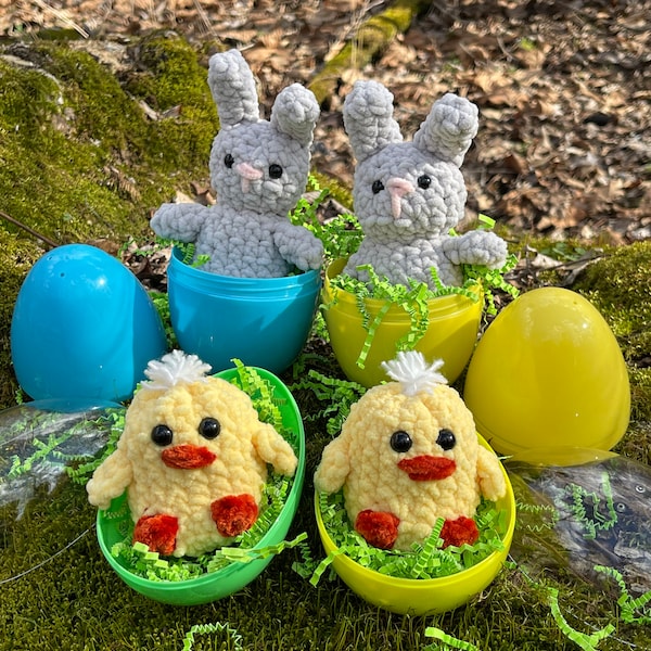 Easter chicks and bunnies in eggs or no egg, Crochet gifts for Easter Baskets!