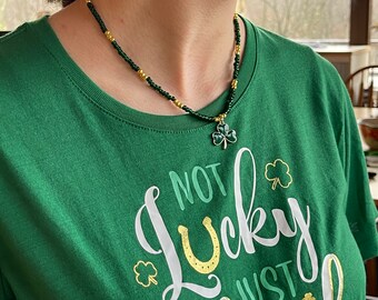 St. Patrick’s Day bracelets and necklace, fun and festive! Gold plated earring hooks, glass and polymer clay beads.