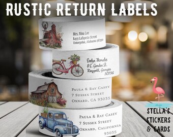 Vintage Return Address Label Stickers Antique Truck Barn Typewriter Chickens Mailbox Tractor Bicycle Bike Mailing