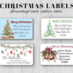 May include: Christmas labels with personalized return address information. The labels feature festive designs, including a Christmas tree, ornaments, and bells. Each label includes the text "Merry Christmas" and a name and address.