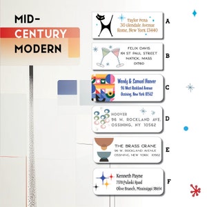 May include: A set of six colorful address labels with mid-century modern designs. Each label features a different design and includes a name, address, and city, state, and zip code.