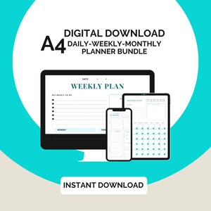A4 Digital Daily, Weekly, Monthly Planner Fillable Printable Download PDF Bundle