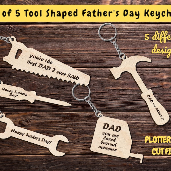 Schlüsselanhänger für Papa - Vatertags-Schlüsselanhänger - Set von 5 Schlüsselringen in Werkzeugform - Vatertag Laser geschnittene Dateien - Geschenk für Papa - GlowForge Tested