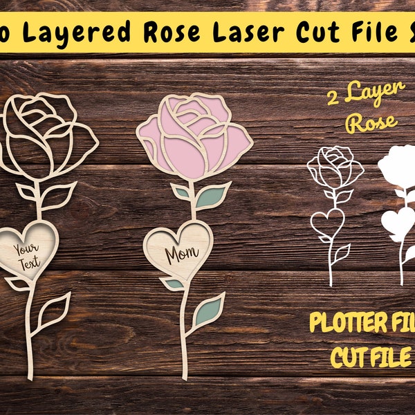 Deux fichiers Rose Laser Cut Svg en couches - Flower Laser Cut File - Cadeau pour amoureux - Mom Cut File pour Cricut - Cadeau pour maman - GlowForge testé