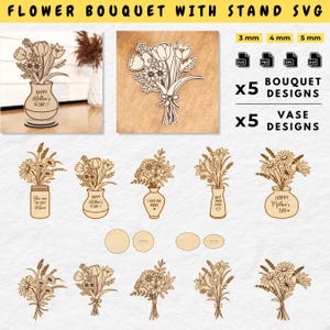 Ramo de flores con soporte, archivo SVG para corte láser, flores en maceta, arreglo floral para mamá, regalo para el Día de la Madre, SVG