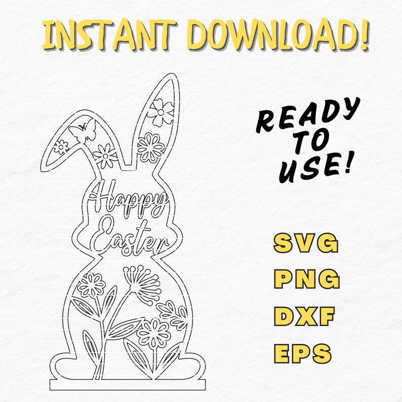 May include: A black and white line art design of a bunny rabbit with the text "Happy Easter" inside the bunny's body. The bunny is surrounded by flowers and has a butterfly on its ear. The design is ready to use in SVG, PNG, DXF, and EPS formats.
