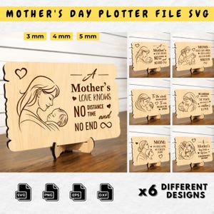 Op de afbeelding: Zes verschillende ontwerpen voor Moederdag SVG-bestanden. Elk ontwerp toont een moeder en kind met een hartverwarmend bericht. De ontwerpen zijn beschikbaar in de formaten SVG, PNG, EPS en DXF.