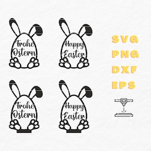 May include: Two black and white illustrations of a bunny rabbit holding an egg. The egg on the left says "Frohe Ostern" and the egg on the right says "Happy Easter".