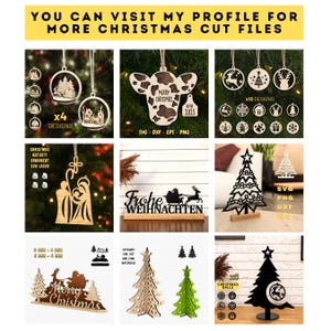 May include: A collection of Christmas-themed cut files, including ornaments, tree designs, and nativity scenes. The image features various wooden cutouts with festive designs, such as reindeer, stars, and the text "Merry Christmas". The text "You can visit my profile for more Christmas cut files" is also visible.