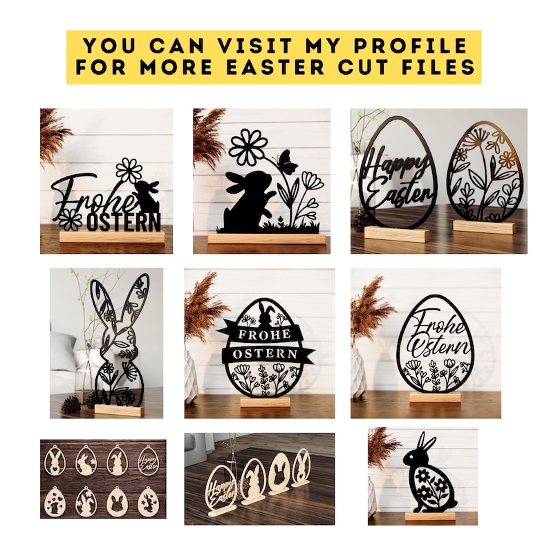 May include: A collection of nine laser cut Easter decorations. The decorations include bunnies, eggs, and the words "Happy Easter" and "Frohe Ostern".
