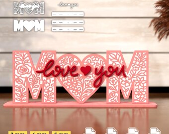 MOM Love You Floral Stand SVG Cut File, Mum Shelf Sitter Laser Cut File, Floral Mother Standing Decor SVG Cut File, Gifts for Grandma Svg