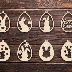 Etiquetas de conejito de Pascua SVG - Archivo de corte láser de Pascua - Juego de 8 adornos de etiquetas de Pascua DXF SVG - Adornos de conejito de Pascua cortados con láser Cnc - Archivo vectorial