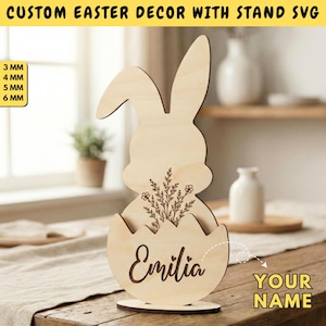 パーソナライズされたイースターレーザーカットファイルバニーSVG、カスタムイースターエッグカットファイル、Osternhase SVG、スタンドプロッター付きバニーイースターエッグファイルSVG