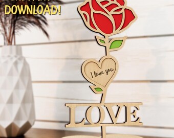 Two Layered Rose Love With Stand Laser Cut SVG Files, Valentines Day Cut File, Flower Laser Cut File, Gift For Lover, Gift For Mom SVG