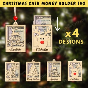 Gepersonaliseerde kerst contant geld houder ornament SVG, houten kerst ornamenten lasergesneden bestand, kerstcadeau voor familie, geld kaart cadeau SVG