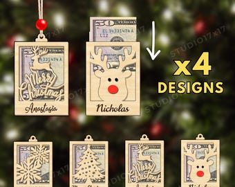May include: Wooden Christmas cash money holder SVG designs. The image shows four different designs, including a reindeer, a snowflake, and a Christmas tree. Each holder has a slot to hold cash. The text includes "Merry Christmas" and names.