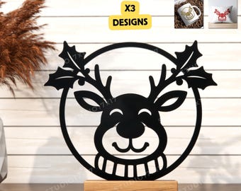 Adornos navideños de reno (archivo SVG para plotter), adornos navideños SVG, decoración navideña SVG, decoración navideña cortada con láser, láser CNC navideño