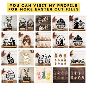 May include: A collection of 16 digital cut files for laser cutting, featuring Easter-themed designs. The designs include bunnies, eggs, and floral elements. Some designs include the text "Happy Easter" and "Frohe Ostern".