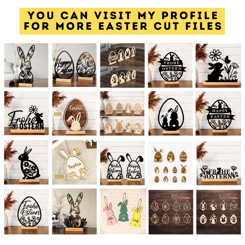 May include: A collection of 16 digital cut files for laser cutting, featuring Easter-themed designs. The designs include bunnies, eggs, and floral elements. Some designs include the text "Happy Easter" and "Frohe Ostern".