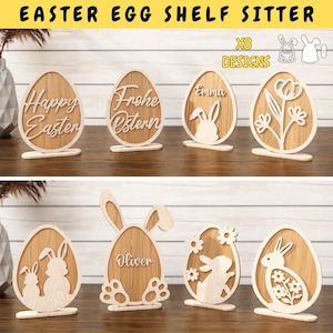 Conejito de Pascua de dos capas con estante SVG, conejo de Pascua con soporte SVG, juego de 8 decoraciones de huevos de Pascua de varias capas, archivo Cricut de Pascua