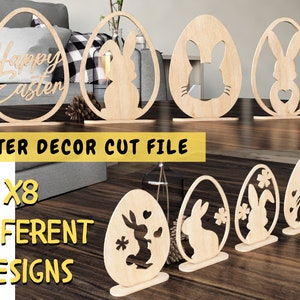 Lapin oeufs de Pâques étagère sitter SVG - oeufs de Pâques avec support Svg - fichier de Pâques découpé au Laser - lot de 8 décors d'oeufs de Pâques DXF SVG fichier de coupe Cricut
