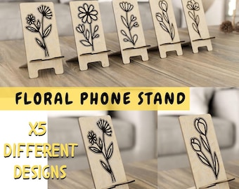 Bloemen telefoonhouder SVG, bloemen telefoonstandaard SVG, smartphonehouder laser, houten telefoonhouder snijden ontwerp, bloemenstandaard lasergesneden bestand