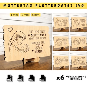 Puede incluir: Seis diseños diferentes para archivos SVG del Día de la Madre. Cada diseño presenta una madre y un hijo con un mensaje conmovedor. Los diseños están disponibles en formatos SVG, PNG, EPS y DXF.
