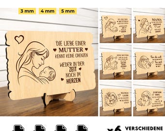 May include: Six different designs for Mother's Day SVG files. Each design features a mother and child with a heartfelt message. The designs are available in SVG, PNG, EPS, and DXF formats.