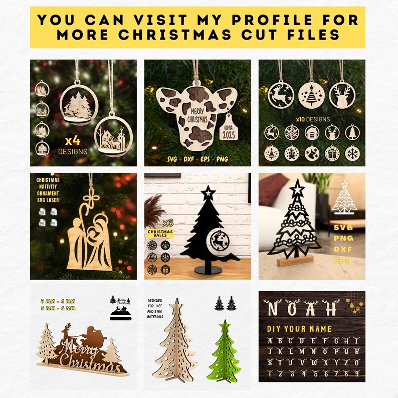 K&ouml;nnte beinhalten: Eine Sammlung von Weihnachtsausschnittdateien, darunter Ornamente, Baumdesigns und Krippenszenen. Das Bild zeigt verschiedene Materialien und Stile, mit dem Text "YOU CAN VISIT MY PROFILE FOR MORE CHRISTMAS CUT FILES."