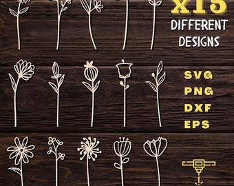 15 Wildflowers SVG Bundle, Wildflower Plotter File DXF Laser Cut Files For Cricut, Vector Wild Flowers Bouquet for Mom Wife Wood Ornament