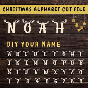 Alfabeto de renos navideños SVG, archivo de trazador de letras navideñas, etiqueta de Navidad SVG, archivo de corte de 36 letras y números navideños, archivo de corte láser de monograma