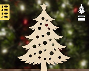 May include: A wooden Christmas tree with a stand. The tree has a star on top, star and circle cutouts, and is displayed on a stand. The text "CHRISTMAS TREE WITH STAND SVG" is at the top. The thickness options are 3 mm, 4 mm, 5 mm, and 6 mm.