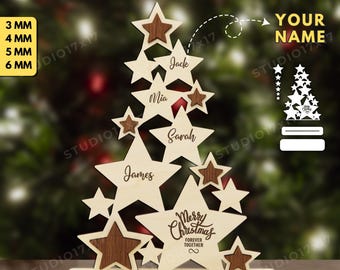 May include: A personalized Christmas tree SVG design. The wooden tree features star shapes with names and a "Merry Christmas" message. The design includes options for 3, 4, 5, and 6 mm thicknesses. The text "YOUR NAME" is also included.