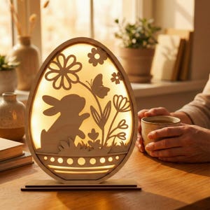 Puede incluir: Lámpara de madera con forma de huevo de Pascua con un diseño recortado de conejito, flores y mariposa. La lámpara está iluminada desde el interior, emitiendo un brillo cálido. Se apoya sobre una base de madera.