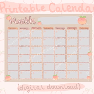 Cute Peach Undate Printable Calendar / Cute Digital Calendar / Kawaii Peach Calendar / GoodNotes / Monthly Printable Calendar / Letter Size
