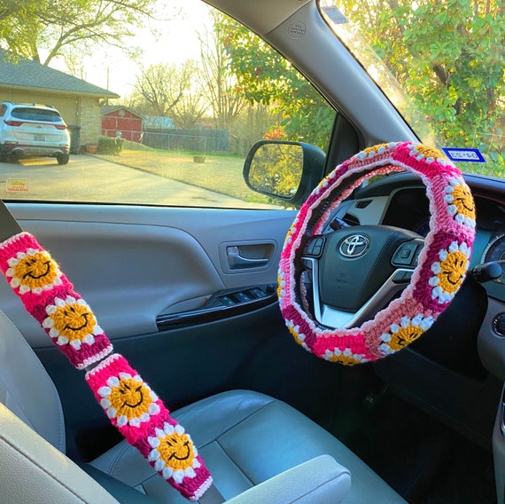 Crochet Daisy Car Steering Wheel Covers Light Yellow Universal 14