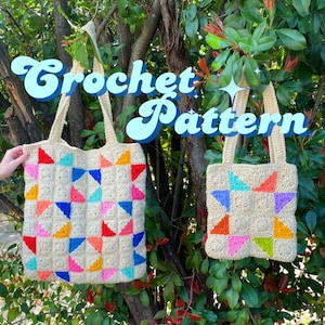 May include: Two beige crochet tote bags with colourful geometric patterns. The bags have a square design with a starburst pattern in red, blue, yellow, orange, and pink. The text "Crochet Pattern" is displayed in a retro font.