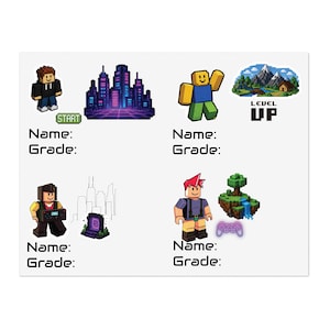 Cartela de adesivos de personagens de jogos em pixel art | Etiquetas com nome para escola, adesivos para jogos Level Up inspirados no Roblox