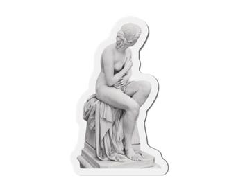 May include: A grayscale sticker featuring a classical sculpture of a seated nude figure. The statue is draped with fabric and sits atop a detailed pedestal. The figure is in a contemplative pose, with one arm across the chest.