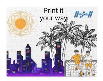 May include: A white puzzle featuring a cityscape with skyscrapers, palm trees, and two soccer players. The puzzle includes a sun, an illustration of a space station, and the text "Print it your way".