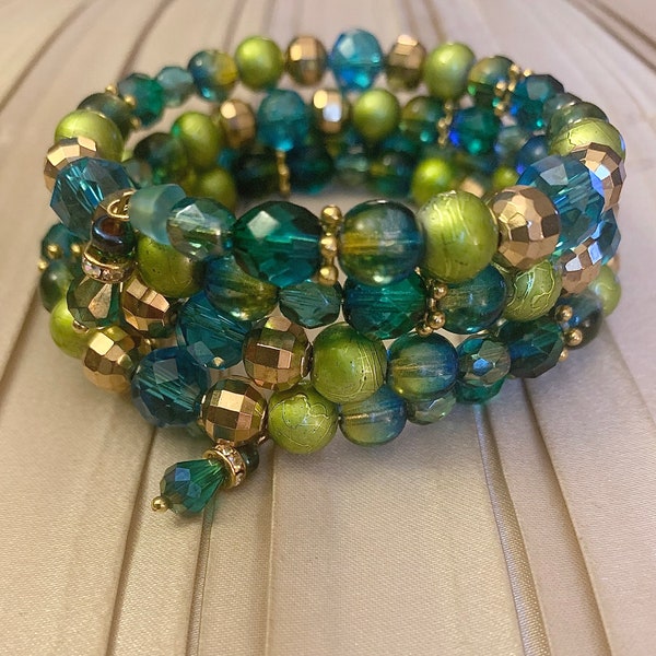 Capri Blue, Lime Green And Gold Beaded Bracelet